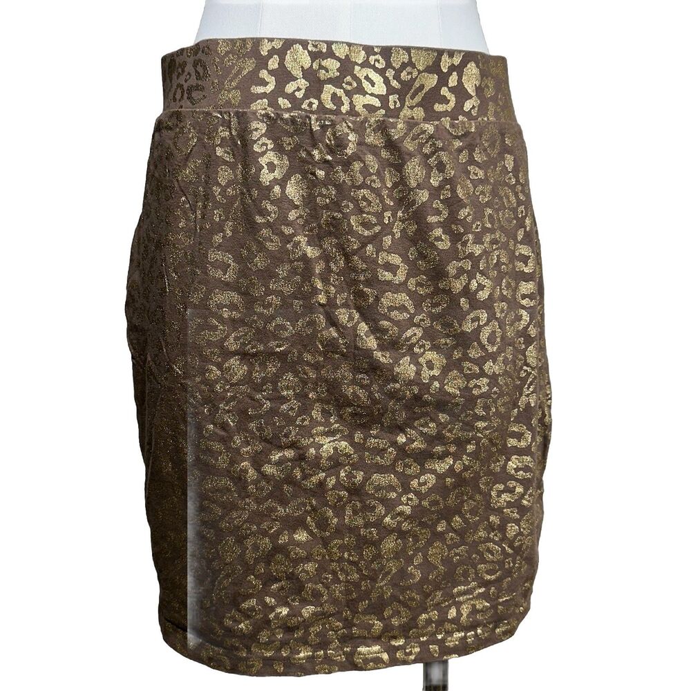 Forever 21 Mini Skirt Womens 1X Brown Gold Metallic Leopard Print StretchBodycon - Picture 3 of 8